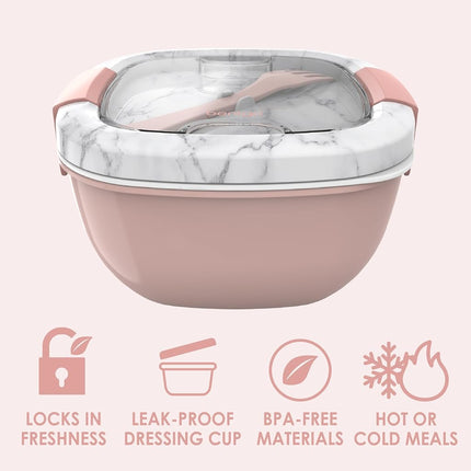 Bentgo® All-in-One Salad Container - Large Salad Bowl, Bento Box Tray, Leak-Proof Sauce Container, Airtight Lid, & Fork for Healthy Adult Lunches; BPA-Free & Dishwasher/Microwave Safe (Blush Marble)