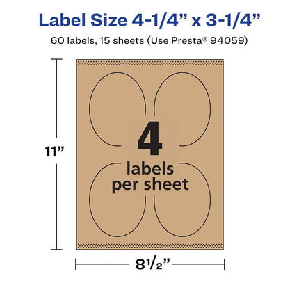 Avery Kraft Brown Oval Labels with Sure Feed, 4.25" x 3.25", 60 Kraft Brown Labels, Print-to-The-Edge, Laser/Inkjet Printable Labels