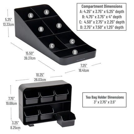 Mind Reader Tea Storage, Cup and Condiment Station, Set of 2, Countertop Organizer, Kitchen, 7.25" L x 15.5" W x 5.25" H, Black