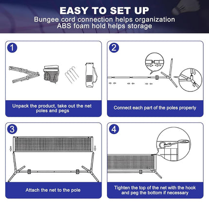 BAGAIL Badminton Net, Foldable Nylon Net, Height Adjustable Stand and Portable Carry Bag, Easy to Assemble or Disassemble, Ideal Recreational Sports Net for Tennis and Kids Badminton, 3m, Blue