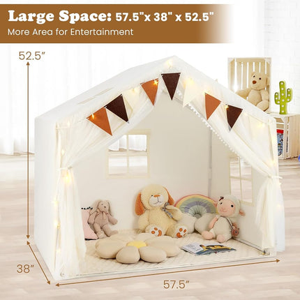 INFANS Kids Play Tent, Large Size Playhouse with Washable Cotton Mat Star Light Windows Plaid Pennants, 57.5” x 38” x 52.5”, Indoor Outdoor Princess Tents Castle for Toddlers Age 3+ Years Old (Beige)