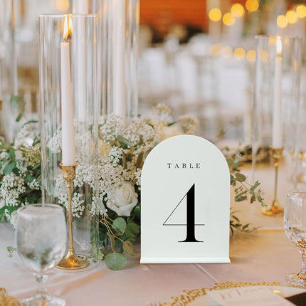JINMURY White Arch Acrylic Table Numbers 1-10 with Stand, 5x7" White Arch Acrylic Sign and Holder Wedding Table Numbers for Reception, Centerpiece, Event (White Table Numbers 1-10, 5x7 Inch)