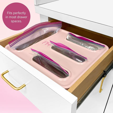 Paris Hilton 4-Slot Storage Bag Organizer, Multipurpose Kitchen Drawer and Wall-Mounted Organizer for Gallon, Quart, Sandwich and Snack Bags, Pink