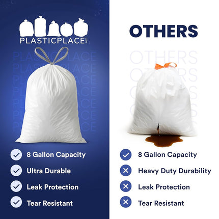 Plasticplace W8DSWHJR100 8 Gallon Trash Bags │ 0.7 Mil │ White Drawstring Garbage Can Liners │ 22" x 22" (100 Count)