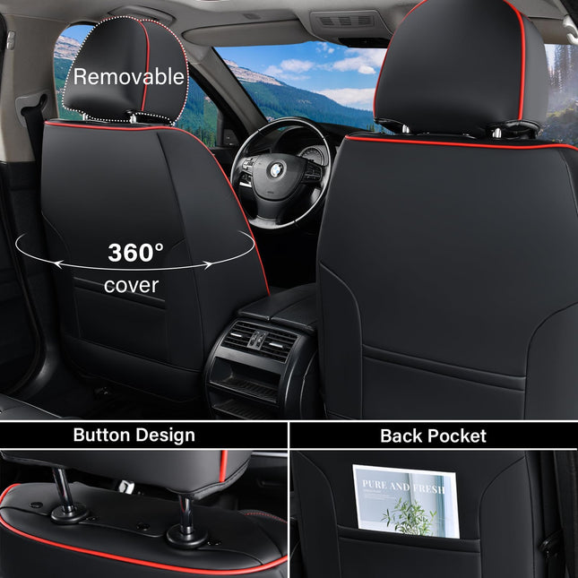 Coverado Housses de Siège de Voiture Sièges Avant, Housses de Siège Avant Étanche en Cuir Nappa, Coussins de Siège de Voiture Respirants d'Été Ajustement Universel pour la Plupart des Voitures SUV Camions (Avant, Noir)