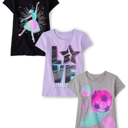 The Children's Place,Girls,Sports Short Sleeve Graphic T-Shirts,Multipacks,Sport Balls/Ballerina/Gymnastics 3-Pack,XX-Large