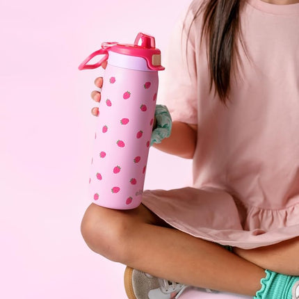 Ello Kids Pop & Fill 18oz Stainless Steel Water Bottle with Quick Fill Technology, Double-Wall Vacuum Insulation, Leak Proof Locking Lid, Sip & Chug, BPA Free, Gifts for Girls Boys, Strawberries
