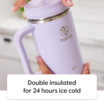 Takeya Straw Tumbler with Handle - for Coffee, Water & More - Durable with Built-in Silicone Coaster & 2 Straws - Double Stainless Steel Insulation - 40 oz, Blush
