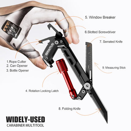 Carabiner Multitool 8-in-1 EDC Carabiners Pocket Knife, Serrated Knife, Rope Cutter, Screwdriver, Can Bottle Opener, Ruler, Survival Gear for Camping Climbing(Red)