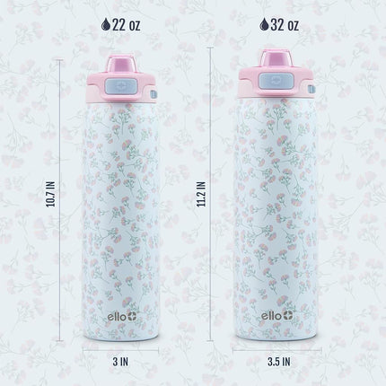 Ello Pop & Fill 22oz Stainless Steel Water Bottle with QuickFill Technology, Double Walled and Vacuum Insulated Metal, Leak Proof Locking Lid, Straw and Chug, Reusable, BPA Free, Serene Bloom