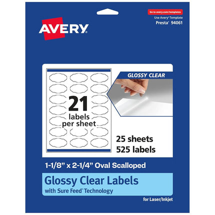 Étiquettes ovales festonnées Avery transparentes brillantes avec Sure Feed, 2,86 cm x 5,72 cm, 525 étiquettes transparentes brillantes, impression bord à bord, étiquettes imprimables laser/jet d'encre