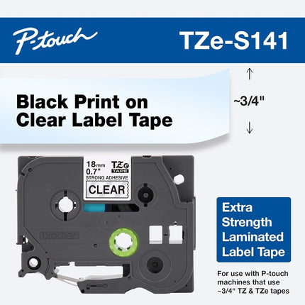 Brother P-Touch Genuine TZe-S141, ~3/4" (0.7") Black on Clear Extra Strength Adhesive Laminated Tape –26.2 ft(8m) (TZES141)
