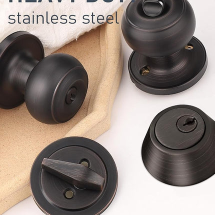 Brotima 4 Pack Keyed Alike Front Door Knob and Deadbolt Set, Entry Door Locksets with Single Cylinder Deadbolt, Oil Rubbed Bronze Flat Round Door Lock Set for Bedroom/Office/Exterior Doors