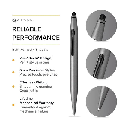 Cross Tech2 Ballpoint Pen with Stylus, Titanium Grey, 1 Count (Pack of 1)