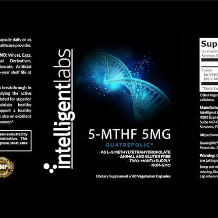 5MG L-5-MTHF by Intelligent Labs, L-5-Methyltetrahydrofolate Activated Folic Acid Supplement as Quatrefolic Acid® - Activated Folate, 60 Capsules - 2 Months Supply! 5mg = 5000mcg MTHF!
