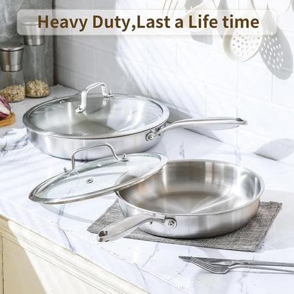 DELARLO Tri-Ply Stainless Steel Frying Pan,Compatible with All Cooktops Up to 500℉, Heavy Duty, Fast & Even Heat (12IN+Lid)