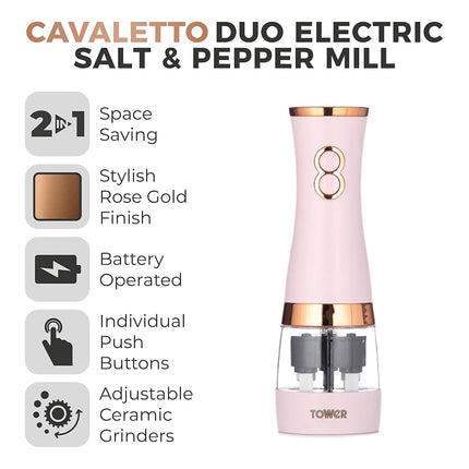 Tower T847004PNK Electric Salt and Pepper Mills, Battery Operated with Adjustable Ceramic Grinders, Pink and Rose Gold