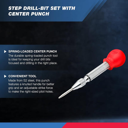 NEIKO 10169A Step Drill Bit Set and Automatic Center Punch | 5 Piece, 41 SAE Sizes Total, 1/8” – 1-3/8” | Titanium High Speed Steel Unibit, Stepper Cone Drill Bit | Two Flute Step Down Bits