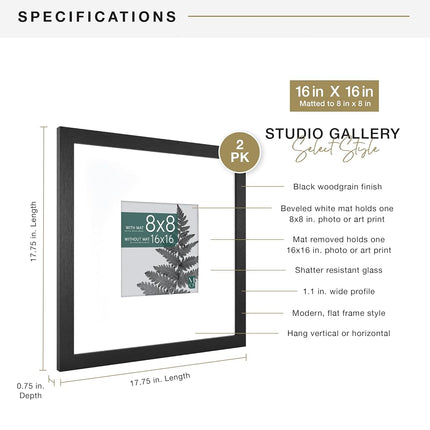 Lot de 2 cadres MCS Studio Gallery 40,6 x 40,6 cm avec passe-partout 20,3 x 20,3 cm, grain de bois noir