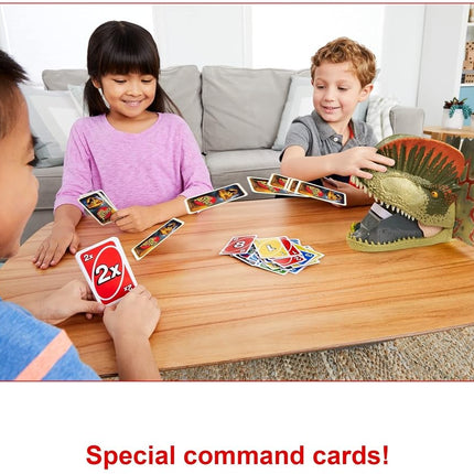 UNO Attack Jurassic World Dominion Card Game with Dinosaur Card Launcher for 2 to 10 Players Ages 7 Years & Older, Toy Gift and Collectible