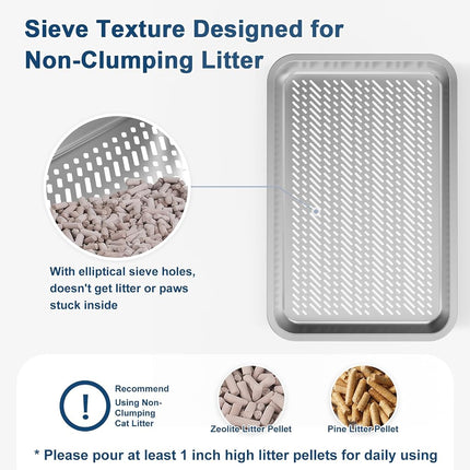 Stainless Steel Closed Litter Tray with Lid, XL Pine Pellet Sieve, Metal Litter System with High Sides for Big Cats, Leak-Proof, Easy Cleaning, Less Tracking