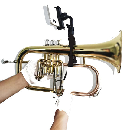 BEIIRLLA Trombone Phone Mount Lyre, Black, Adjustable 360° Rotation, Digital Sheet Music Holder for Low Brass Instruments, 0.78-2.5 Inch Pipe Diameter