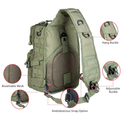 hopopower Tactical Sling Bag Pack Military Assault Rucksack Shoulder Bag Backpack Chest Pack Handbag Waterproof for Travel School Hiking Camping Trekking Exploring Fishing Hunting, Green, Small