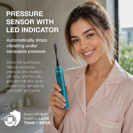 Wagner Stern IntelliBrush Series Whitening Electric Toothbrush with Pressure Sensor. Offers 4 Brushing Modes, 3 intensities, 8 Soft Brush Heads, and a Luxury Travel case.