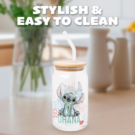 Silver Buffalo Disney Lilo and Stitch Ohana Floral Glass Jar Tumbler with Bamboo Lid and Glass Straw, 16 Ounces