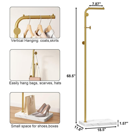 HOMEFORT Metal Coat Rack, Modern Coat Tree with 3 Hooks, L Shaped Coat Hanger Stand, Freestanding Coat Rack for Entryway and Corner, Gold