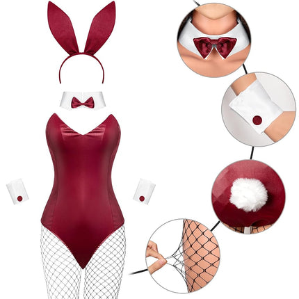 Geyoga 9 Pcs Bunny Costume Bodysuit Halloween Set, Small, Wine Red