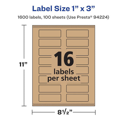 Avery Kraft Brown Rectangle Labels with Sure Feed, 1" x 3", 1,600 Kraft Brown Labels, Print-to-The-Edge, Laser/Inkjet Printable Labels