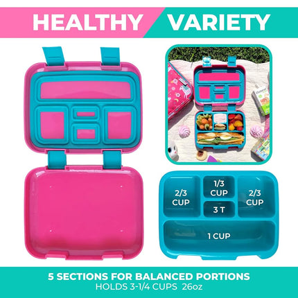 Unicorn Bento Lunch Box for Girls Toddlers, 5 Portion Control Sections, BPA Free Removable Plastic Tray, Pre-School Kid Toddler Daycare Lunches, Cute Snack Container Ages 3 to 7 Pink…