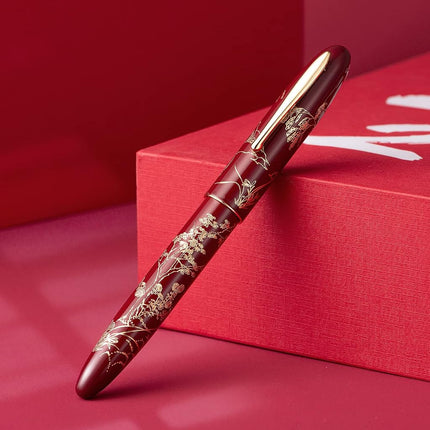 HONG DIAN N23 Red Rabbit Fountain Pen, Long Blade Medium Nib Gold Trim, New Year Lucky Rabbit Carving Design, Smooth Writing Pen with Converter and Metal Pen Box Set