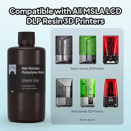 ELEGOO Water Washable 3D Printer Resin 1.0, Ceramic Grey 1000g, Fast Curing, Easy Cleanup with Water, Smooth Finish & High Precision 405nm UV Resin for LCD/MSLA 3D Printing