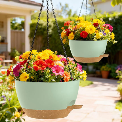 SQKH 12 Inch Hanging Baskets 2 PC with Chains, Self-Watering Hanging Planters for Indoor Outdoor Plants, Plastic Hanging Flower Pots,Green Brown