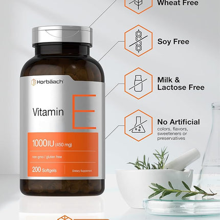 Vitamin E Capsules 1000 IU | 200 Softgels | Non-GMO, Gluten Free, Preservative Free | by Horbaach