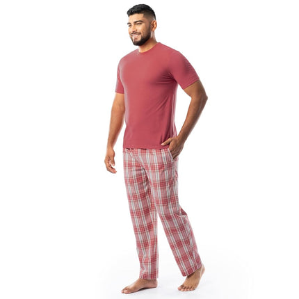IZOD Men's Short Sleeve Jersey Top and Printed Pants Pajama Sleep Set, Red/Red Plaid, 3XL