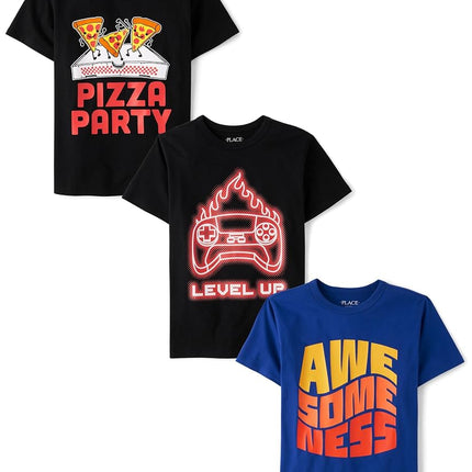 The Children's Place Boys' Assorted Everday Short Sleeve Graphic T-Shirts,multipacks, Pizza Party/Level Up/Awesomeness 3-Pack, Medium