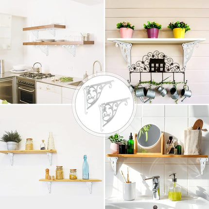 khtumeware 2 Pack 8 Inch Shelf Brackets, White Shelf Brackets,Metal Bracket for Shelves Ornate Heavy Duty Decorative Wall Brackets for Shelves (2, White)