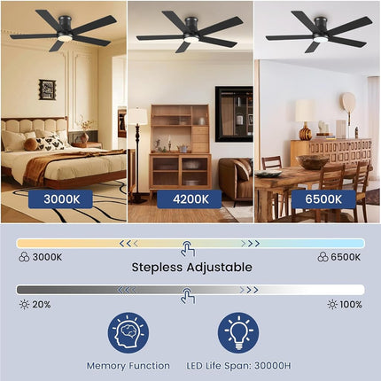 Autoday 52 Inch Ceiling Fans with Lights and Remote - Black Flush Mount Ceiling Fan with Light Low Profile, 6 Speeds, Quiet DC, 3CCT Dimmable, Indoor Outdoor Ceiling Fans for Patios Bedroom