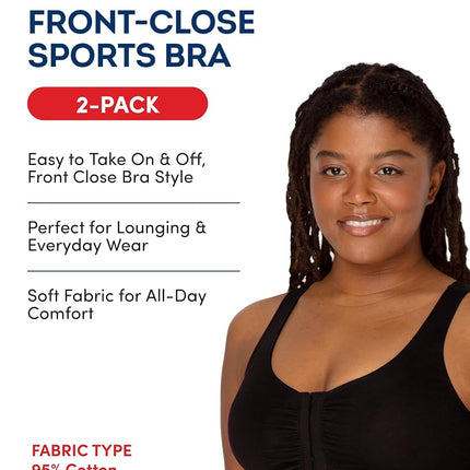 Fruit of the Loom Women's Front Close Sports Bra - Cotton Blend, Easy Fit & Built-up Support, Black, 48