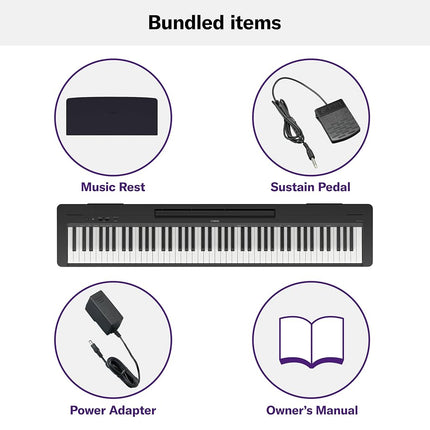 Yamaha, piano digital de 88 teclas con contrapeso, Sound Boost, diseño compacto, teclado, atril y pedal para práctica en casa o viajes (P143B)