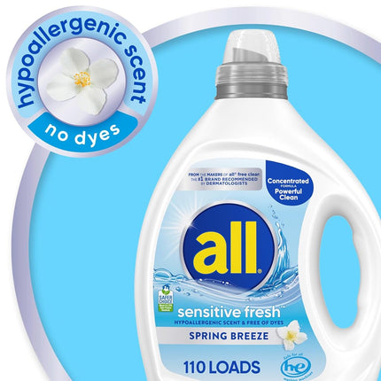 all Sensitive Fresh Liquid Laundry Detergent, Hypoallergenic Spring Breeze Scent & Free of Dyes, Gentle for Sensitive Skin, 82.5 oz, 110 Loads, HE Compatible