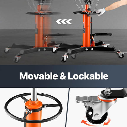 VEVOR Transmission Jack, 1322 LBS Hydraulic Telescoping Transmission Jack, 32"-67" High Lift Transmission Jack Stand with Foot Pedal, 360° Swivel Wheel, Hydraulic Transmission Jack