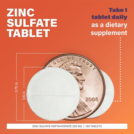 Rugby Zinc Sulfate 220mg Tablets Supplement 100 Count Bottle