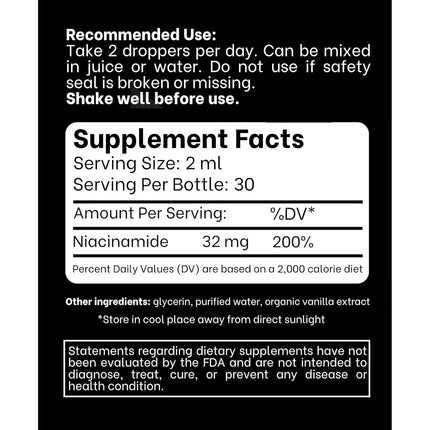Liquid Vitamin B3 (as Niacinamide) Supplement - Non Flush Form of Niacin - Convenient Niacin Drops for Women and Men - 2oz (60ml)