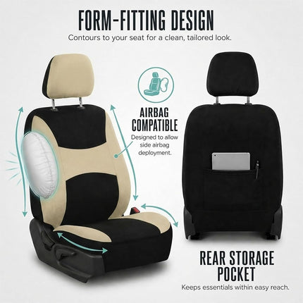 FH Group FB030BEIGEBLACK115-COMBO Seat Cover Combo Set with Steering Wheel Cover and Seat Belt Pad (Airbag Compatible and Split Bench Beige/Black)