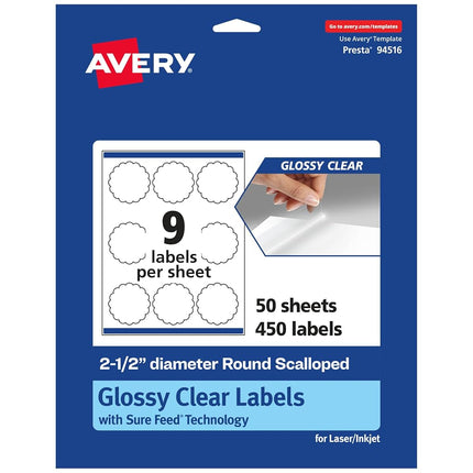 Avery Glossy Clear Round Scalloped Labels with Sure Feed, 2.5" Diameter, 450 Glossy Clear Labels, Print-to-The-Edge, Laser/Inkjet Printable Labels