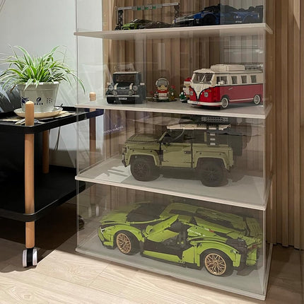 Choowin 2-Layer Acrylic Display Case for 1/8 Scale Diecast Model Car Display Case for Lego 42083 42115 42143 Display Case for Collectibles Figures Toy Assemble Dustproof Display Box with Door(White)